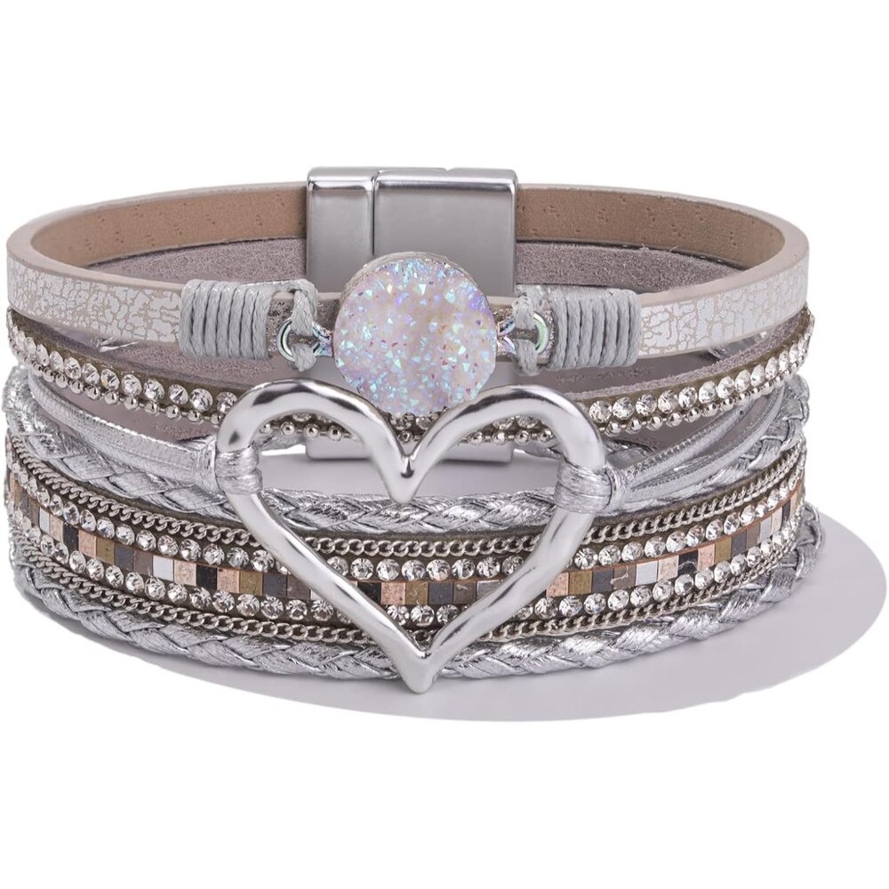 Heart Leather Wrap Bracelets Stackable Boho Cuff … - image 1